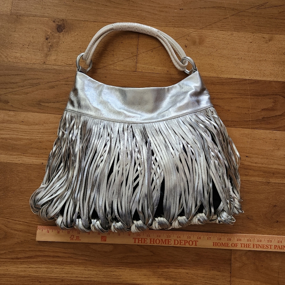 Katherine Kwei Eternity Knot Fringe Snakeskin Silver Handbag